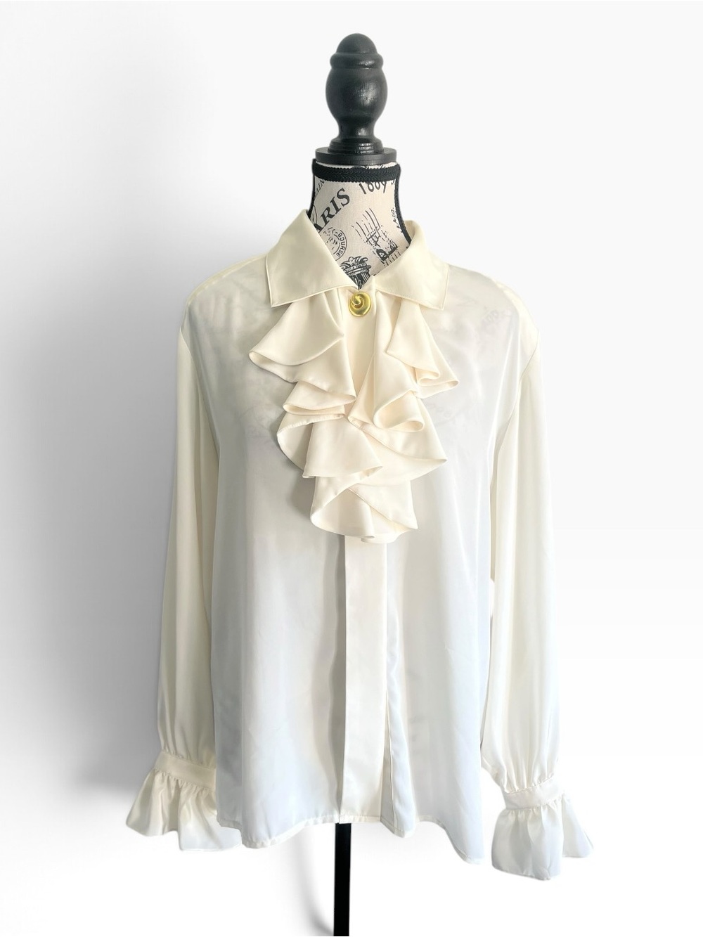VINTAGE 80s White Ivory Ruffle Jabot Blouse Victorian Romantic Secretary Gothic